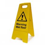 This picture shows Spectrum Industrial Cleaning signs warning about a wet floor, with a heavy duty A-board measuring 620mm x 200mm. The bright yellow signs feature clear text and a caution symbol, ensuring maximum visibility and safety in industrial settings.