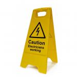 The photo shows a bright, eye-catching A Board with the words CAUTION ELECTRICIANS WORKING in bold letters. The board is sturdy and equipped with heavy duty handles, making it ideal for industrial settings. Vibrant orange caution signs decorate the edges, providing a clear warning to passersby.
