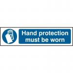 This picture shows a Spectrum Industrial PPE sign for hand protection, made from 1.2mm of recyclable polypropylene. The sign measures 200 x 50mm and there are 5000 of them. The sign features clear text and images, reminding workers to wear hand protection while on the job.