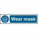 The image shows a red and white sign from Spectrum Industrial with the words Wear Mask prominently displayed. The sign is made of 1.2mm thick recyclable PP material and measures 200 x 50mm. The sign is designed for use in industrial settings to remind workers to wear masks for safety.
