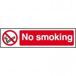 The photo shows a series of Spectrum Industrial No Smoking signs made of 1.2mm recyclable PP, measuring 200 x 50mm. The signs feature bold, red print on a white background, clearly stating No Smoking with a graphic of a lit cigarette crossed out. The signs are sturdy and durable, perfect for any industrial setting.
