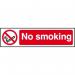 The photo shows a series of Spectrum Industrial No Smoking signs made of 1.2mm recyclable PP, measuring 200 x 50mm. The signs feature bold, red print on a white background, clearly stating No Smoking with a graphic of a lit cigarette crossed out. The signs are sturdy and durable, perfect for any industrial setting.