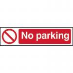 The photograph captures a busy industrial road lined with traffic signs. One sign in focus reads No Parking in bold letters. The sign is made of 1.2mm recyclable PP material and measures 200 x 50mm. The vibrant yellow and black colors make the sign highly visible and easily noticeable. The surrounding area is bustling with activity, conveying a sense of productivity and efficiency.