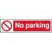 The photograph captures a busy industrial road lined with traffic signs. One sign in focus reads No Parking in bold letters. The sign is made of 1.2mm recyclable PP material and measures 200 x 50mm. The vibrant yellow and black colors make the sign highly visible and easily noticeable. The surrounding area is bustling with activity, conveying a sense of productivity and efficiency.