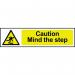 The picture shows a bright yellow industrial caution sign with the words Caution and Mind the step printed in bold black letters. The sign is made of 1.2mm recyclable polypropylene and measures 200 x 50mm. It is part of the Spectrum Industrial Caution Signs collection.
