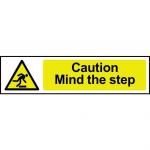 Self adhesive semi-rigid PVC Caution Mind The Step Sign (200 x 50mm). Easy to fix; peel off the backing and apply to a clean and dry surface.