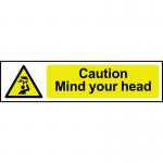 The image shows a sturdy, 1.2mm recyclable PP caution sign with the words Caution Mind your head printed in bold font. The sign measures 200 x 50mm and has a spectrum industrial design, featuring a bright yellow background and clear lettering for easy visibility. Perfect for warning others to watch their heads in hazardous areas.