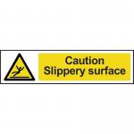 The image shows a bright yellow caution sign with the words Slippery Surface in bold black font. The sign is made of 1.2mm recyclable PP material and measures 200 x 50mm. Two red and black diagonal stripes are also featured on the sign, indicating a potential hazard.