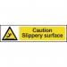 The image shows a bright yellow caution sign with the words Slippery Surface in bold black font. The sign is made of 1.2mm recyclable PP material and measures 200 x 50mm. Two red and black diagonal stripes are also featured on the sign, indicating a potential hazard.