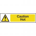 This image shows multiple Spectrum Industrial caution signs. The signs are bright and highly visible, with a cautionary message regarding high temperatures. They are made of 1.2mm thick, recyclable PP material and measure 200 x 50mm. The signs are designed for industrial use and serve as an important safety reminder for employees.