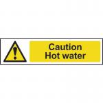 This picture shows a Spectrum Industrial caution sign that reads Caution Hot Water in bold lettering. The sign is made of 1.2mm recyclable PP material and measures 200 x 50mm. The background is yellow with black lettering and a white border. The sign is designed to alert individuals of potential danger from hot water.