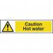 This picture shows a Spectrum Industrial caution sign that reads Caution Hot Water in bold lettering. The sign is made of 1.2mm recyclable PP material and measures 200 x 50mm. The background is yellow with black lettering and a white border. The sign is designed to alert individuals of potential danger from hot water.
