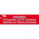 This image shows a Spectrum Industrial CCTV sign sticker made from 1.2mm recyclable PP material, measuring 200 x 50mm. The sign features the warning Concealed CCTV cameras operate on these premises in bold lettering, making it easily visible for anyone entering the area. The design and size of the sign make it suitable for various industrial settings.