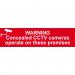 This image shows a Spectrum Industrial CCTV sign sticker made from 1.2mm recyclable PP material, measuring 200 x 50mm. The sign features the warning Concealed CCTV cameras operate on these premises in bold lettering, making it easily visible for anyone entering the area. The design and size of the sign make it suitable for various industrial settings.