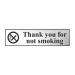 The image shows a sleek chrome-effect no smoking sign with bold white lettering, reading Thank You For Not Smoking. The sign is self-adhesive and made of durable PVC material, measuring 200mm x 50mm. It is designed for industrial use.