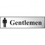 This image features a sleek chrome-effect Spectrum Industrial Washroom Sign. The sign displays the word Gentlemen in bold lettering, with a size of 200mm x 50mm. Its self-adhesive PVC material makes it easy to apply and ensures a secure hold.