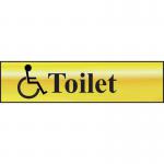 This photo shows a Spectrum Industrial Washroom Sign, featuring a disabled symbol, in a polished gold effect. The sign is self-adhesive and made of PVC, with dimensions of 200mm x 50mm.