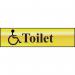 This photo shows a Spectrum Industrial Washroom Sign, featuring a disabled symbol, in a polished gold effect. The sign is self-adhesive and made of PVC, with dimensions of 200mm x 50mm.