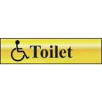 Self adhesive semi-rigid Toilet (with disabled symbol) Sign in Polished Gold Effect (200 x 50mm). Easy to fix; peel off the backing and apply.