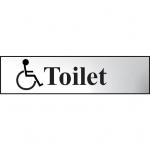 Self adhesive semi-rigid Toilet (with disabled symbol) Sign in Polished Chrome Effect (200 x 50mm). Easy to fix; peel off the backing and apply.