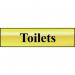 The Spectrum Industrial Washroom Signs Toilets Sign captures attention with its polished gold effect. Made with self-adhesive PVC, it measures 200mm x 50mm and is perfect for any washroom. A sleek and professional addition to any space.