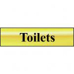 Self adhesive semi-rigid Toilets Sign in Polished Gold Effect (200 x 50mm). Easy to fix; peel off the backing and apply.