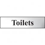 Self adhesive semi-rigid Toilets Sign in Polished Chrome Effect (200 x 50mm). Easy to fix; peel off the backing and apply.