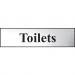 Self adhesive semi-rigid Toilets Sign in Polished Chrome Effect (200 x 50mm). Easy to fix; peel off the backing and apply. 6005C