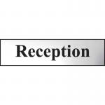 The Spectrum Industrial Room Signs Reception Sign features a sleek chrome effect and is made of self-adhesive PVC. It measures 200mm by 50mm and has the product number 6008C. The sign is perfect for any modern office or workplace setting.