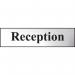 The Spectrum Industrial Room Signs Reception Sign features a sleek chrome effect and is made of self-adhesive PVC. It measures 200mm by 50mm and has the product number 6008C. The sign is perfect for any modern office or workplace setting.