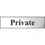 The photo shows a Spectrum Industrial Room Sign in a chrome effect. It is made of self-adhesive PVC and measures 200mm x 50mm. The sign features the word Private in bold letters, indicating a restricted area. The overall design is sleek and professional, perfect for any industrial setting.