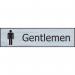 This photograph shows a Spectrum Industrial washroom sign labeled Gentlemen in a sleek stainless steel effect. The sign is made of self-adhesive PVC and measures 200mm x 50mm.