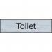In the photograph, a Spectrum Industrial washroom sign for toilets can be seen. The sign is made of stainless steel effect and is self-adhesive PVC. It measures 200mm x 50mm and it is product code 6304.
