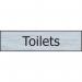 The image shows a sleek Spectrum Industrial Washroom Signs Toilets Sign, made of stainless steel material with a self-adhesive back. It measures 200mm x 50mm, making it the perfect size for any bathroom. The silver finish gives off a modern and professional look, while the bold font makes it easy to read and understand. This sign is durable and easy to install, making it a great addition to any washroom setting.