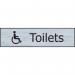 This picture shows a set of industrial washroom signs featuring a disabled symbol. Made from stainless steel effect PVC, the signs are self-adhesive and measure 200mm x 50mm. They are perfect for clearly marking accessible toilets in any industrial setting.