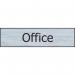 The picture shows a sleek Spectrum Industrial Room Sign for an office, made of stainless steel effect and measuring 200mm x 50mm. It has a self-adhesive backing and is made of PVC material. The sign appears to be professional and modern, with clean lines and a high-quality finish.