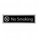 This photograph depicts a Spectrum Industrial No Smoking sign. The sign is black with a polished chrome effect and measures 200mm x 50mm. It is made of self-adhesive PVC material.