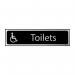 The photo shows a black and polished chrome effect Spectrum Industrial Washroom Sign for toilets with a Disabled Logo on self-adhesive PVC material. The sign measures 200mm x 50mm and is suitable for industrial washrooms.