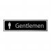 The photograph features a sleek black and chrome washroom sign designed for gentlemen. The sign measures 200mm x 50mm and has a polished finish. The letters are bold and clearly visible against the dark background. The design exudes a professional and modern aesthetic.