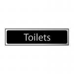 The Spectrum Industrial Washroom Signs Toilets Sign features a sleek design with a black and polished chrome effect. Made of self-adhesive PVC, this sign measures 200mm x 50mm and is perfect for any washroom.