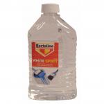 The picture shows a white plastic flask with the label Bartoline Limited Tools and Bartoline 2ltr Flask White Spirit BS.245 (DGN) 90204 in red and black lettering. The flask contains a clear liquid, likely the white spirit mentioned on the label. The background is a plain white surface.