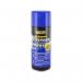 A photograph of Sika Ltd Tools EverBuild 400ml Silicone Spray (DGN) 90794 shows a blue and white spray can with a red cap and label. The can is labeled with the product name and brand, along with product information and a barcode. The background is a light color with a slight texture. The can is shown at an angle, with the label facing upwards. The lighting is bright and clear, showcasing the details of the product. The overall image is clean and professional.