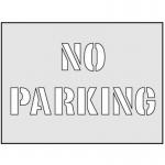 The photo shows a white sign stencil with bold black letters spelling No Parking. It measures 400 x 600mm and is designed by Spectrum Industrial. The stencil is placed against a plain background, giving a professional and clean appearance.