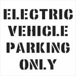 This photo shows a large, rectangular Spectrum Industrial Sign Stencils stencil with the words Electric Vehicle Parking Only in bold lettering. The size of the stencil is 1000 x 1000mm. The stencil is placed on a flat surface, ready to be used for marking designated parking spaces for electric vehicles.