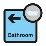 The photo shows a high-quality Spectrum Industrial Directional Sign designed specifically for Assisted Living facilities. It features a left-pointing bathroom arrow and measures 305 x 310mm. The sleek design and clear lettering make it easy to navigate and find the designated area. A must-have for any assisted living facility looking for efficient and professional signage.