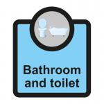 The Spectrum Industrial Room Signs Assisted Living Sign features a blue and white design with clear, easy-to-read text. The sign reads Bathroom and toilet and has a size of 266 x 310mm. Perfect for assisted living facilities.