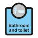 The Spectrum Industrial Room Signs Assisted Living Sign features a blue and white design with clear, easy-to-read text. The sign reads Bathroom and toilet and has a size of 266 x 310mm. Perfect for assisted living facilities.