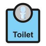 The photo shows a Spectrum industrial room sign for assisted living. The sign features a blue background with white text and symbols, including the word Toilet and the universal access symbol. The sign measures 266 x 310mm and has the product code ALS007.