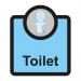 The photo shows a Spectrum industrial room sign for assisted living. The sign features a blue background with white text and symbols, including the word Toilet and the universal access symbol. The sign measures 266 x 310mm and has the product code ALS007.