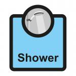 This image shows a Spectrum Industrial Room Sign for Assisted Living. The sign reads Shower in bold letters and is mounted on a white background. The dimensions are 266 x 310mm.